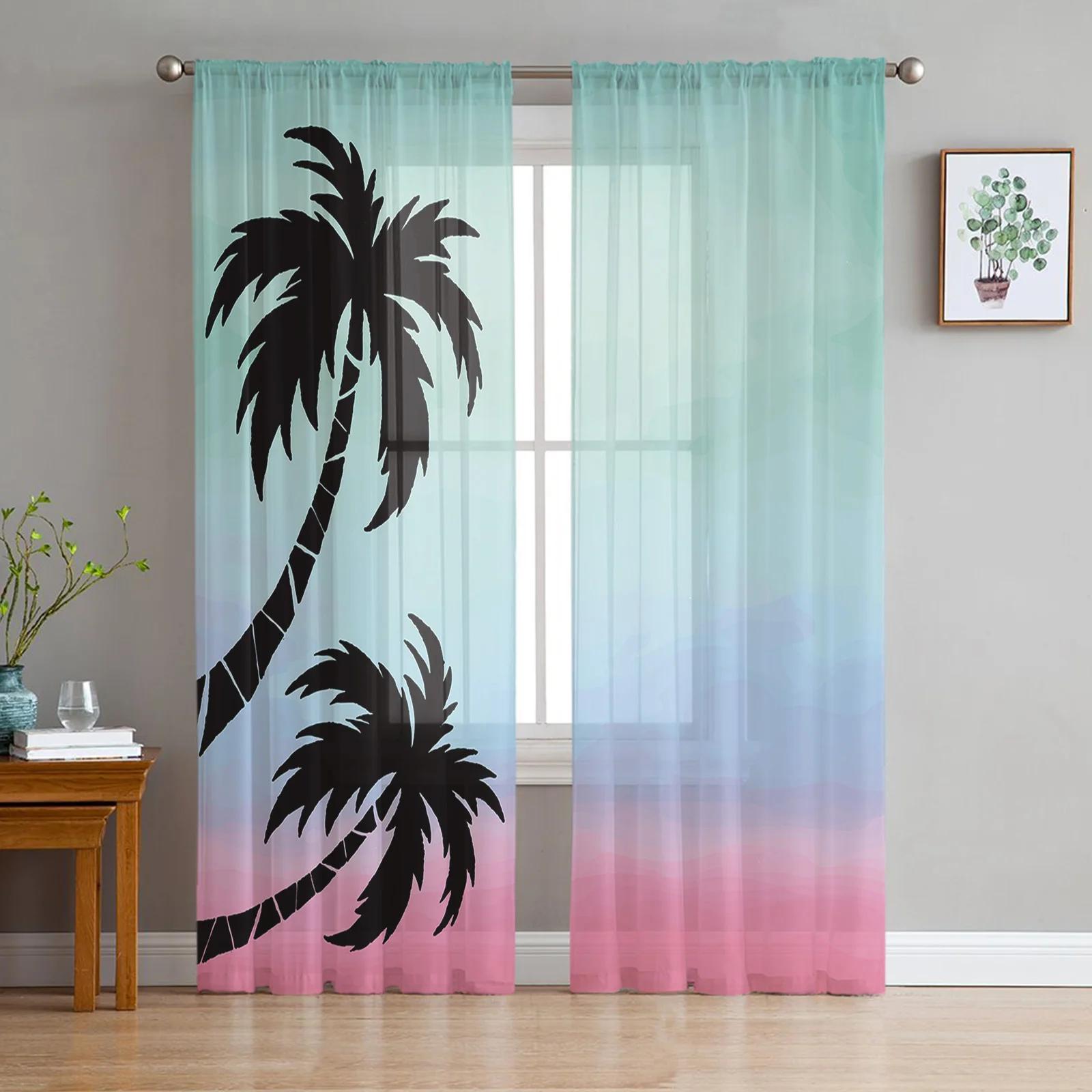 Tropical Palm Trees Sunset Summer Sheer Curtains for Living Room Printed Tulle Window Curtain Luxury Home Balcony De